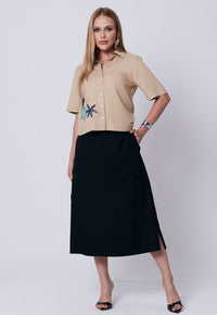 Camisa Mamorena Manga Curta em Linho com Frente Bordada