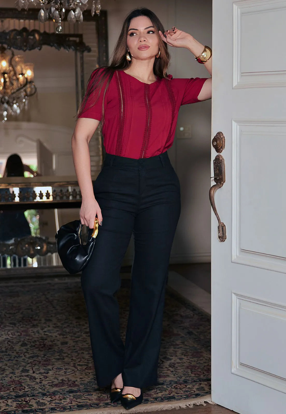 Camisa Mamorena Manga Curta em Viscolinho com Entremeios e Pregas