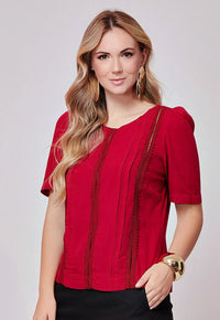 Camisa Mamorena Manga Curta em Viscolinho com Entremeios e Pregas