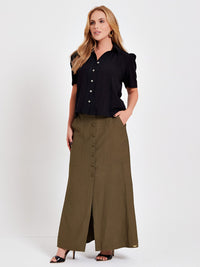 Camisa Mamorena Manga Curta em Viscolinho com Entremeio e Pregas