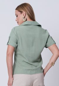 Camisa Mamorena Manga Curta em Viscolinho com Frente Bordada