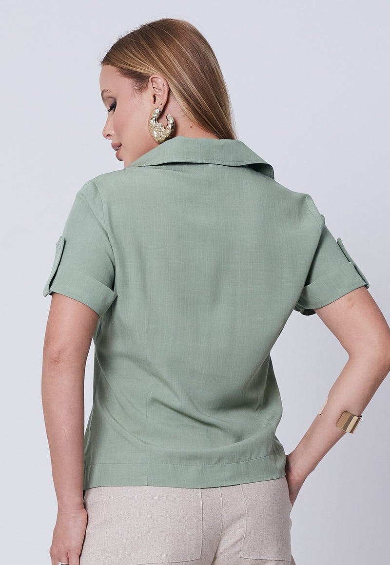 Camisa Mamorena Manga Curta em Viscolinho com Frente Bordada