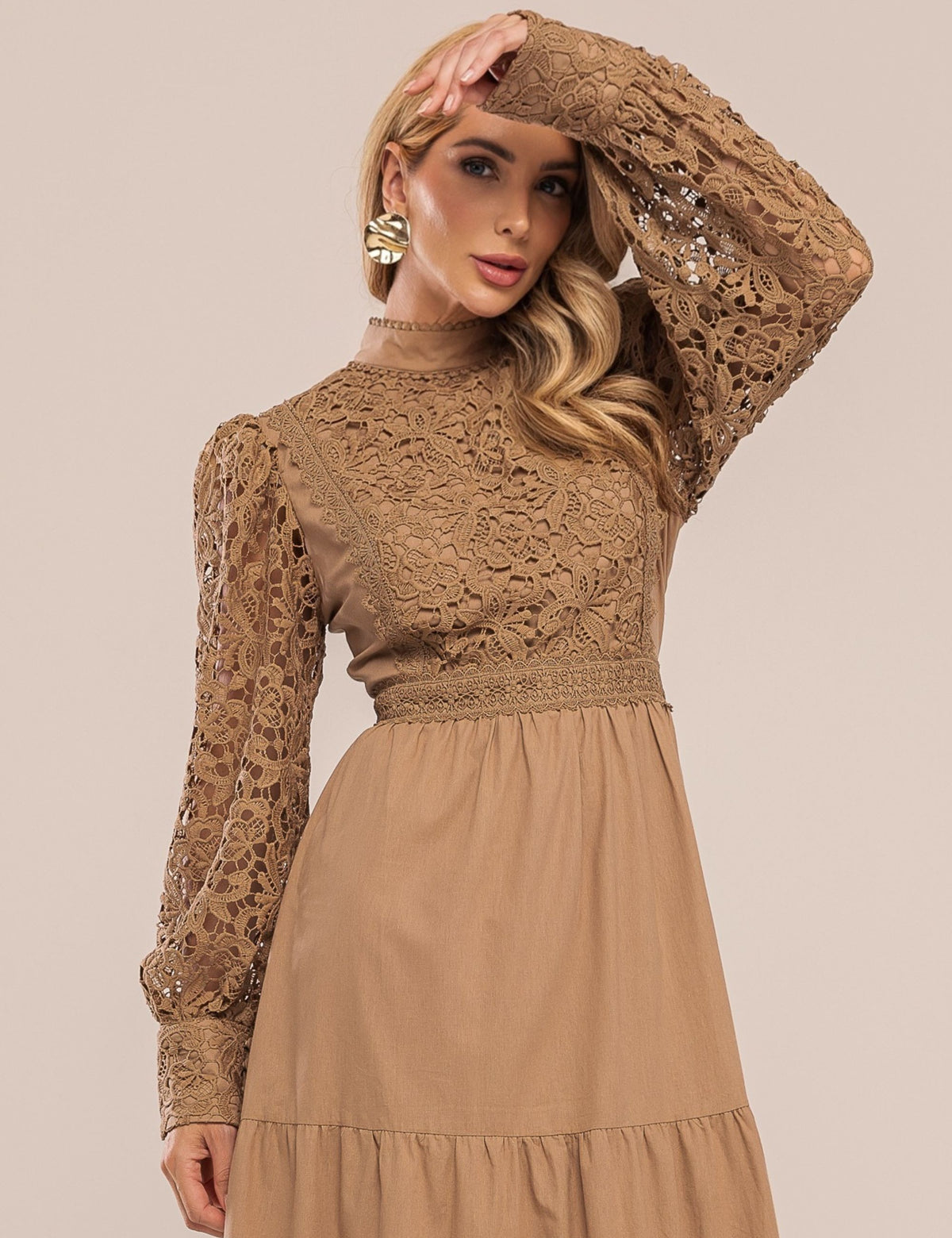 Vestido Agnes com Renda - Cáqui