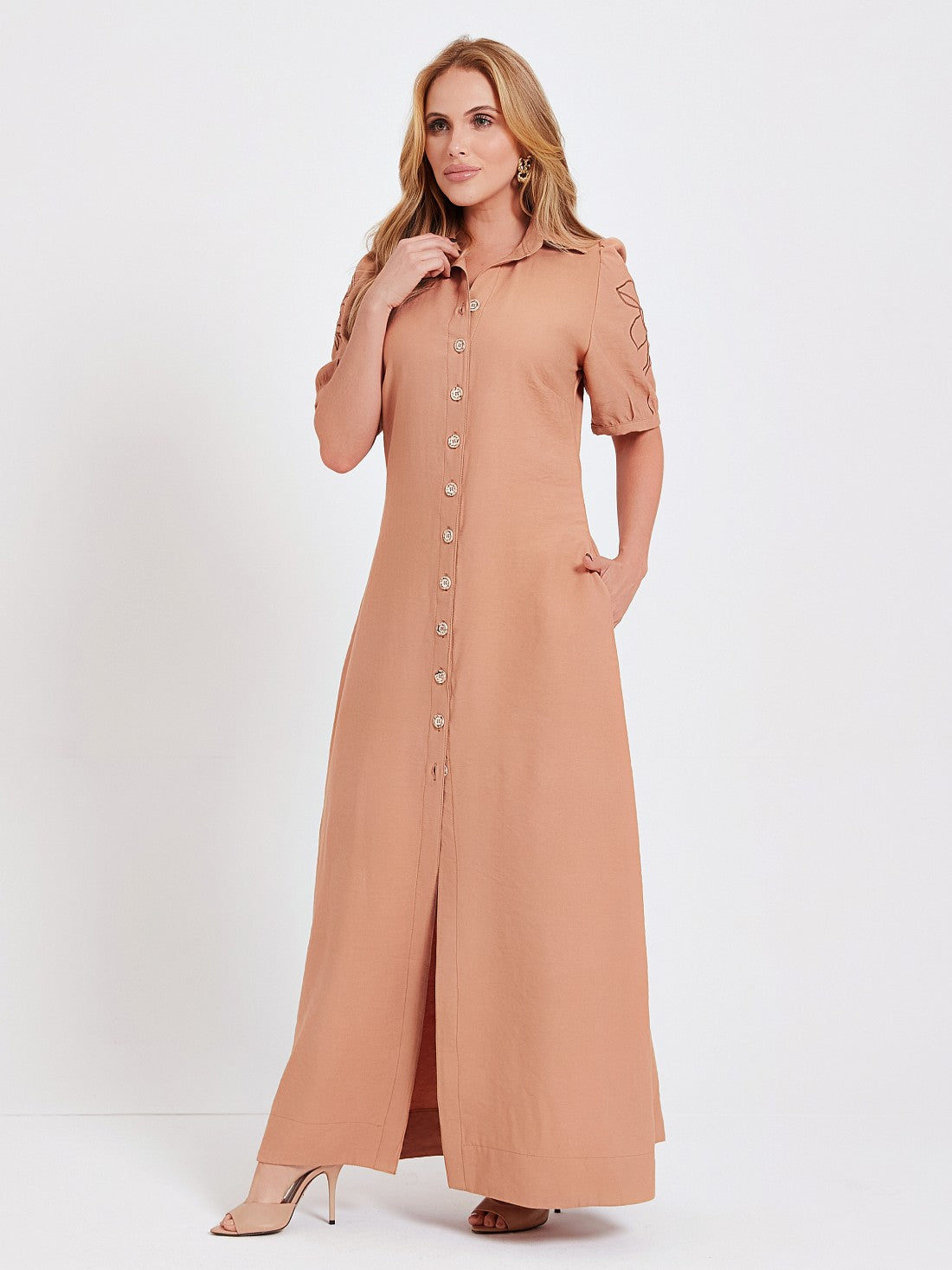 Chemise Mamorena Longo em Liocel de Manga Curta com Bordado