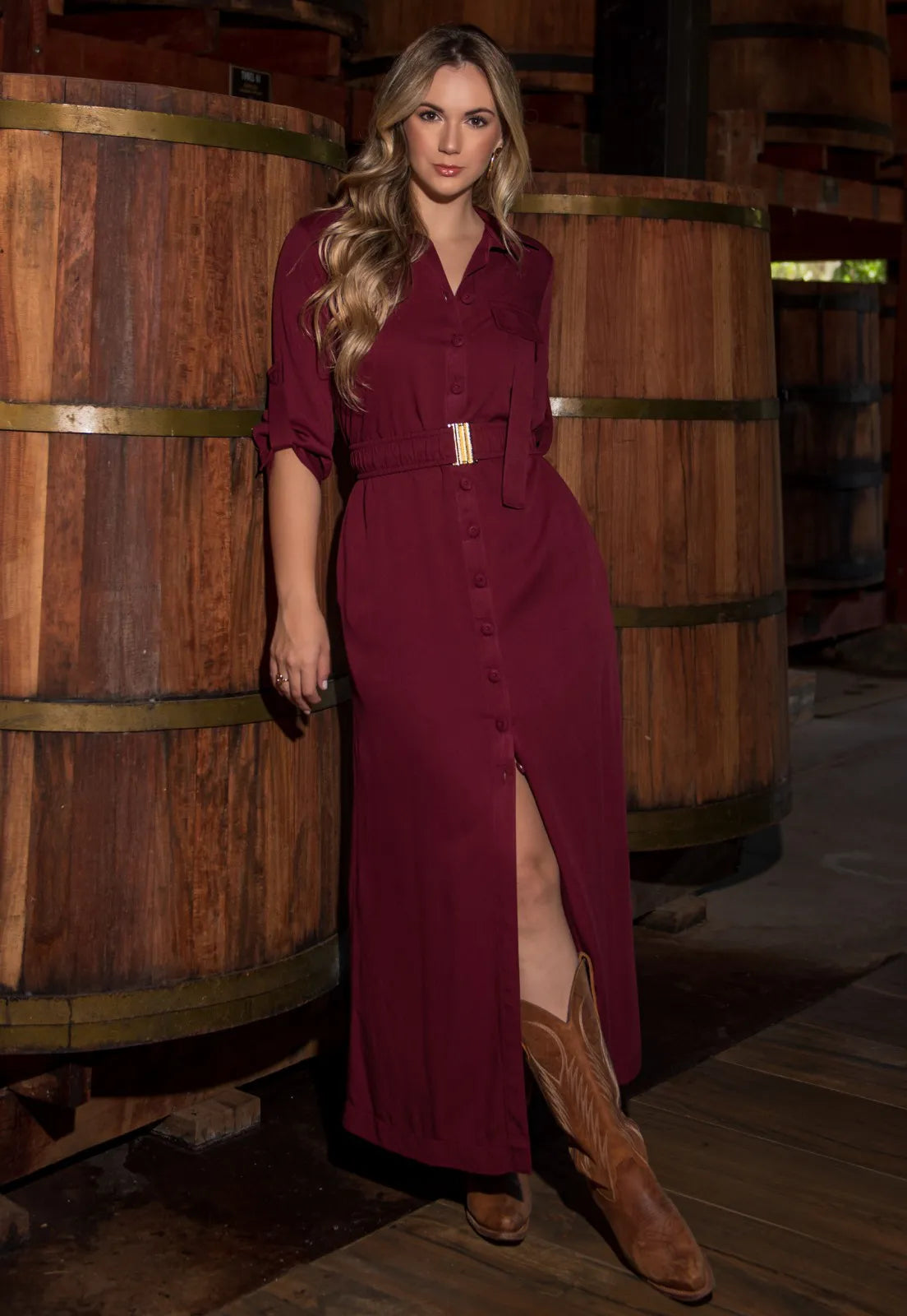 Chemise Mamorena Longuete Manga 7/8 em Viscose com Cinto de Elástico