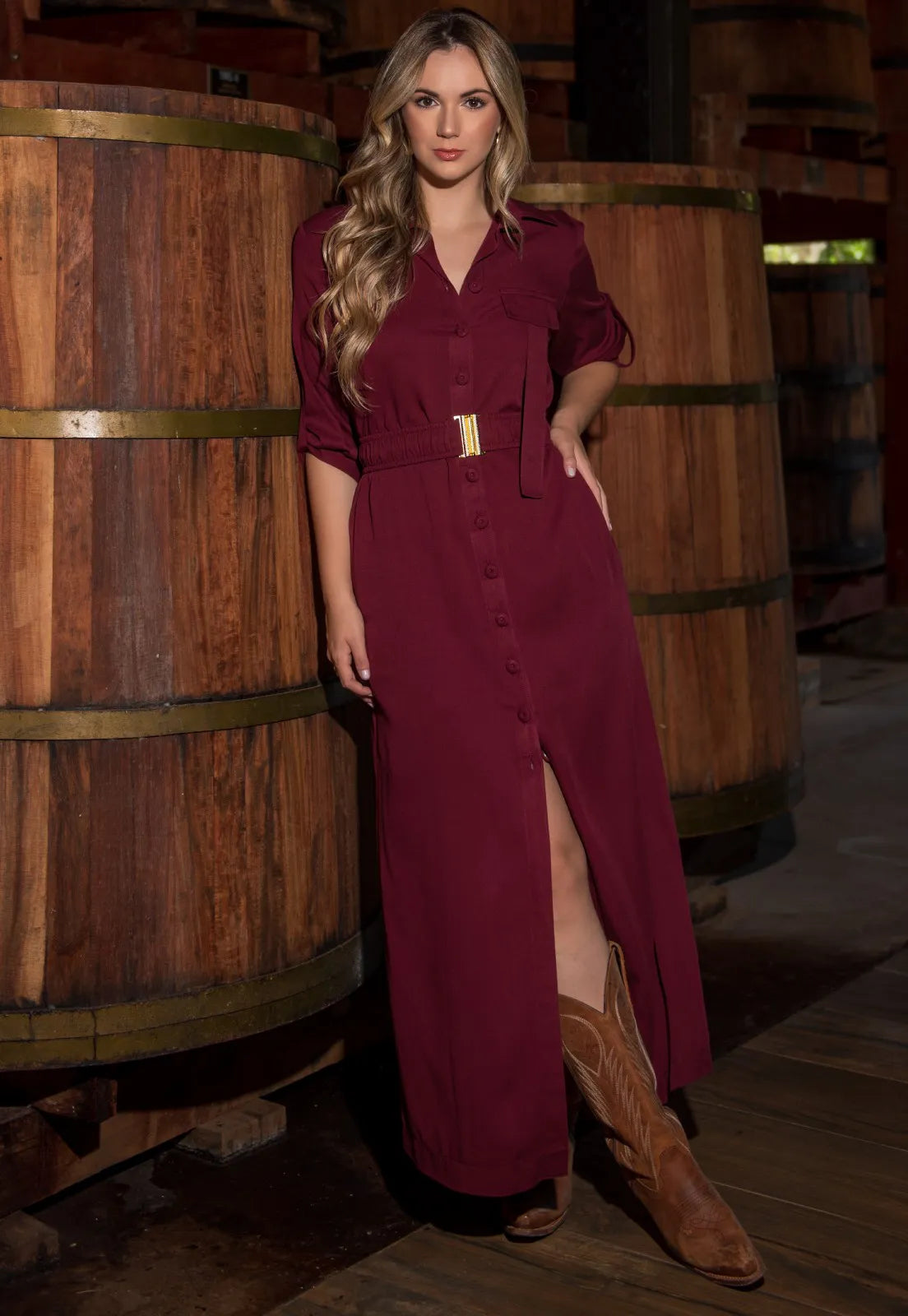 Chemise Mamorena Longuete Manga 7/8 em Viscose com Cinto de Elástico