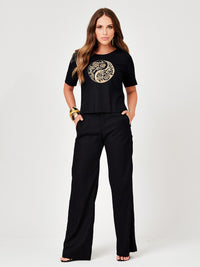 Conjunto Mamorena Blusa e Calça em Linho com Elastano com Bordado de Máquina na Frente