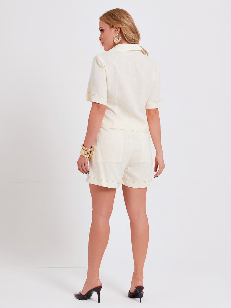 Conjunto Mamorena de Camisa Manga Curta e Short em Linho sem Elastano