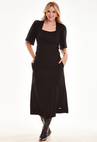 Conjunto Mamorena Blusa Manga Curta com Peito Franzido e Saia Midi Evase em Linho