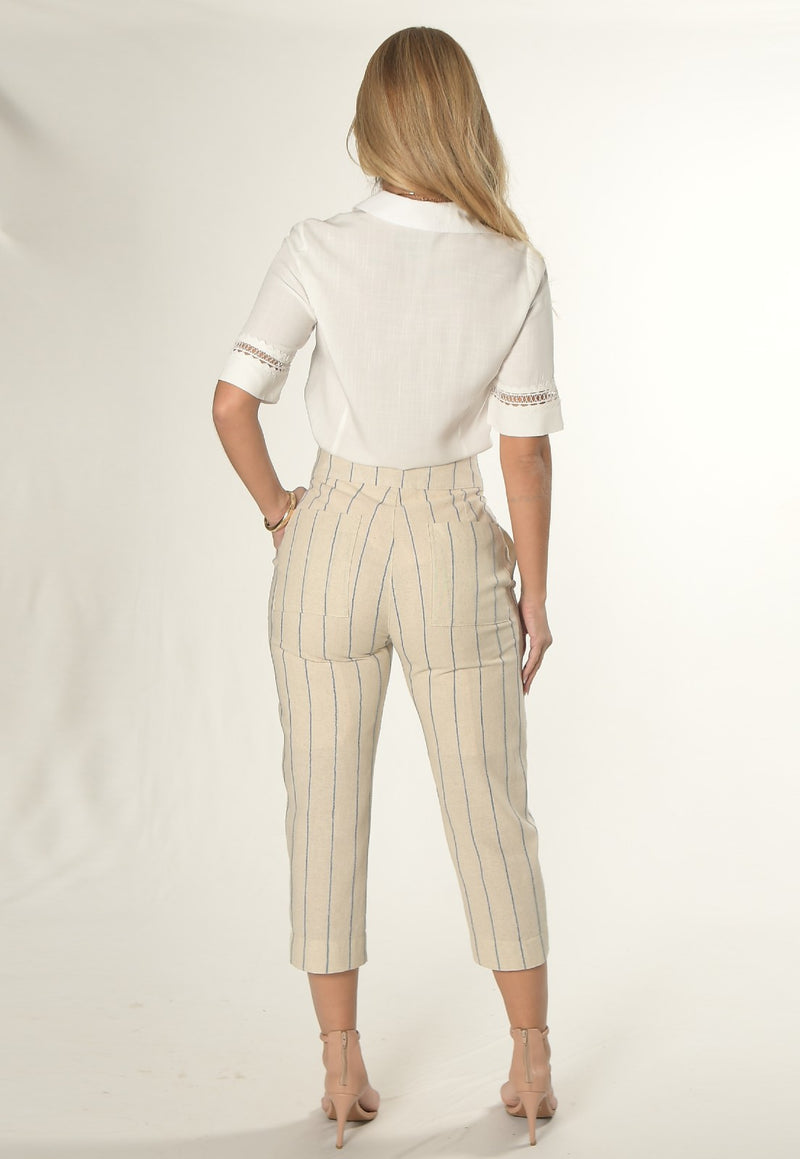 Conjunto Mamorena Blusa Manga Curta de Viscolinho e Calça Pantacourt de Algodão com Linho