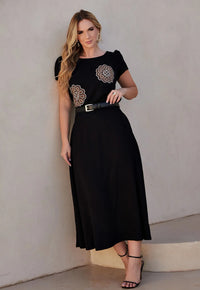 Conjunto Mamorena Blusa Manga Curta e Saia Godê Midi em Viscose com Bordados