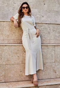 Conjunto Mamorena Blusa Manga Curta e Saia Longuete em Linho com Detalhe de Faixa Pespontada
