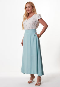 Conjunto Mamorena Blusa Manga Curta em Tecido Cora Estampada e Saia Midi Godê em Tecido Luna