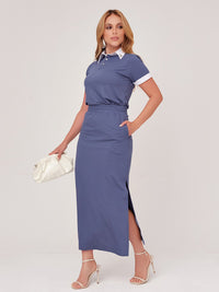 Conjunto Mamorena Blusa Polo de Manga Curta e Saia Midi em Malha Marbella