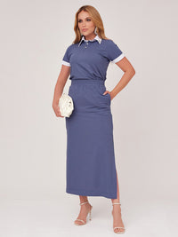 Conjunto Mamorena Blusa Polo de Manga Curta e Saia Midi em Malha Marbella