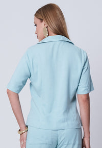 Conjunto Mamorena Camisa Manga Curta Bordada e Calça Reta em Tecido de Viscose com Linho