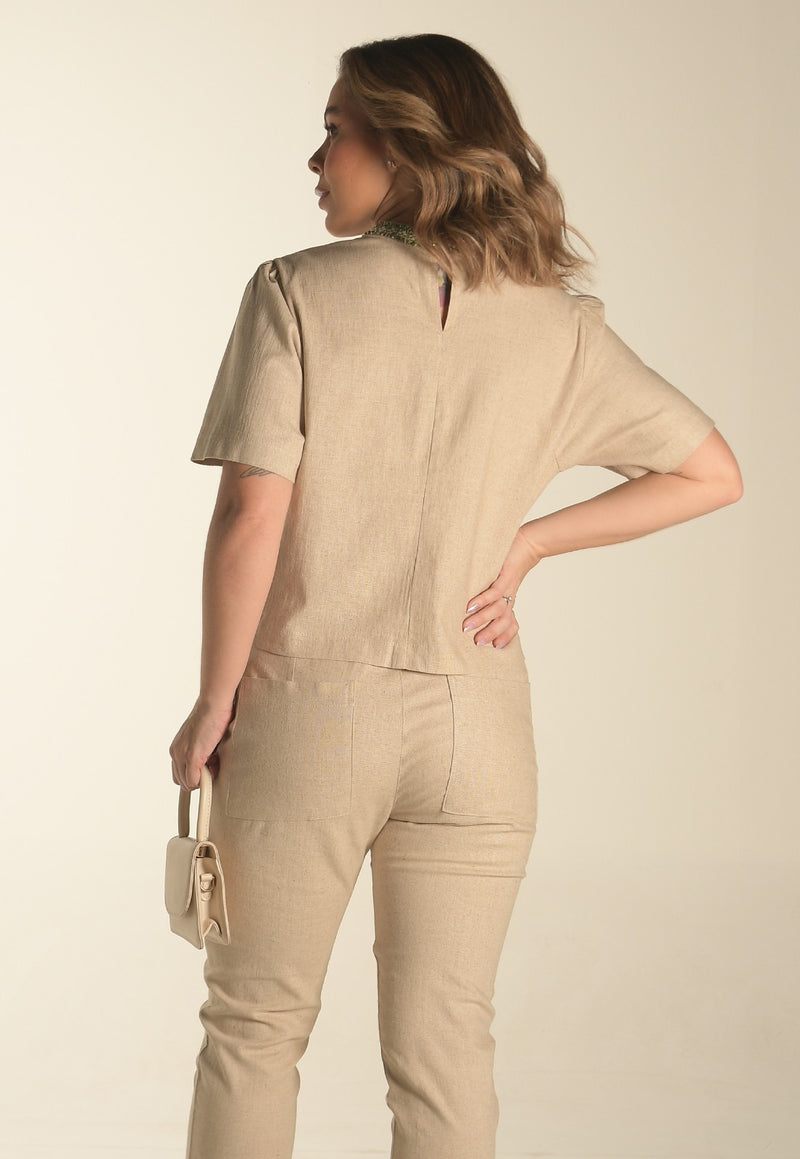 Conjunto Mamorena de Blusa e Calça em Linho com Elastano  com Detalhe de Lapelas