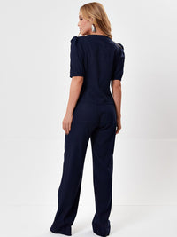 Conjunto Mamorena de Blusa Manga Curta e Calça em Linho com Elastano com Nervuras