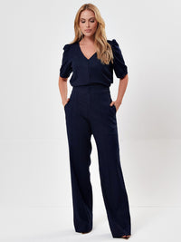 Conjunto Mamorena de Blusa Manga Curta e Calça em Linho com Elastano com Nervuras