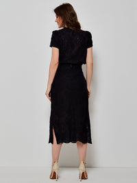 Conjunto Mamorena de Blusa Manga Curta e Saia Midi em Laise