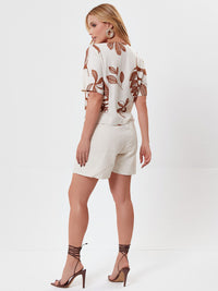 Conjunto Mamorena de Blusa Manga Curta e Short em Linho com Bordado