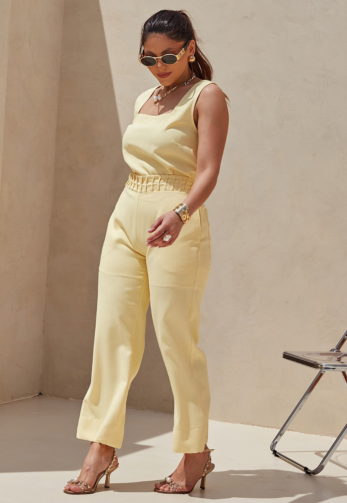 Conjunto Mamorena de Blusa Regata e Calça Reta Longuete em  Liocel