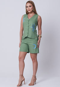 Conjunto Mamorena em Linho com Elastano de Colete Regata e Short com Bordados