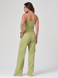 Conjunto Mamorena de Top com Flores Aplicadas e Calça Reta em Linho com Elastano