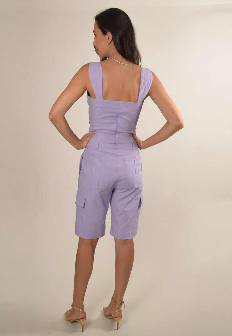 Conjunto Mamorena em Linho de Blusa com Alça e Pedra e Bermuda Jorts