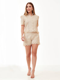 Conjunto Mamorena em Linho Misto Camisa e Short com Ponto Palito e Renda