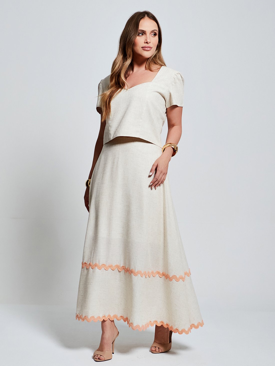 Conjunto Mamorena em Linho sem Elastano de Blusa e Saia Gode com Sianinha