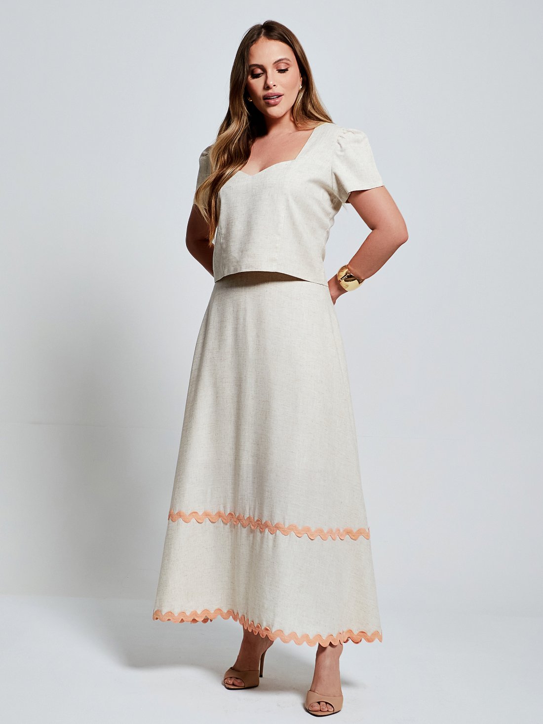 Conjunto Mamorena em Linho sem Elastano de Blusa e Saia Gode com Sianinha