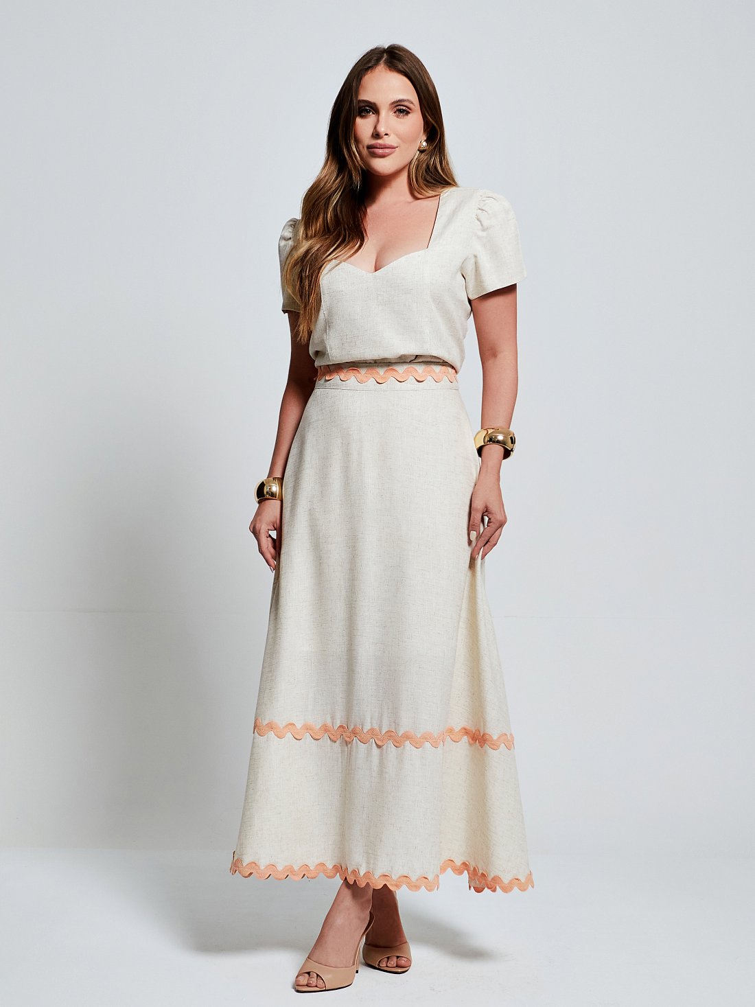 Conjunto Mamorena em Linho sem Elastano de Blusa e Saia Gode com Sianinha