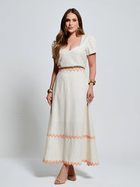 Conjunto Mamorena em Linho sem Elastano de Blusa e Saia Gode com Sianinha