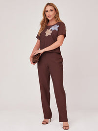 Conjunto Mamorena em Liocel de Blusa Bordada de Manga Curta e Calça