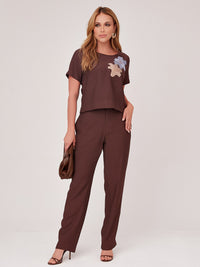 Conjunto Mamorena em Liocel de Blusa Bordada de Manga Curta e Calça