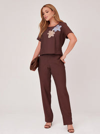 Conjunto Mamorena em Liocel de Blusa Bordada de Manga Curta e Calça