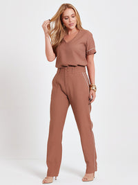 Conjunto Mamorena em Liocel de Blusa e Calça com Detalhes em Vivos