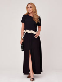 Conjunto Mamorena em Liocel de Blusa Manga Curta com Onda na Barra e Saia com Fenda Frontal