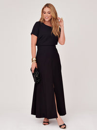 Conjunto Mamorena em Liocel de Blusa Manga Curta com Onda na Barra e Saia com Fenda Frontal