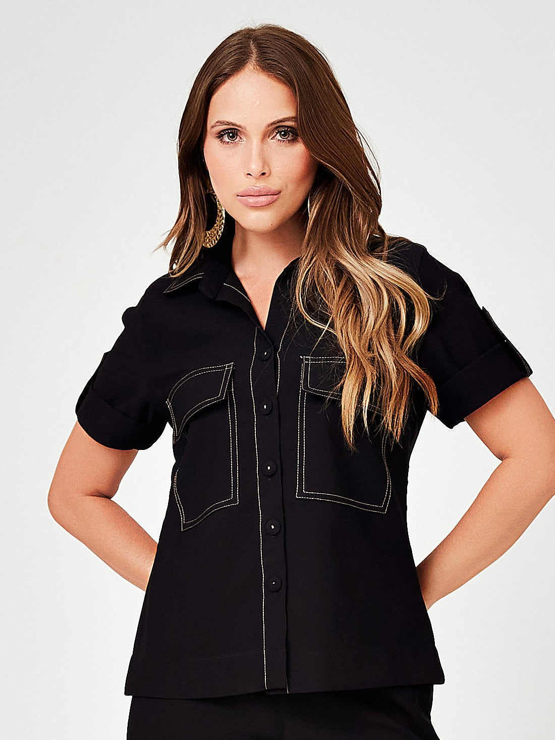 Conjunto Mamorena em Liocel de Camisa e Calça com Pespontos