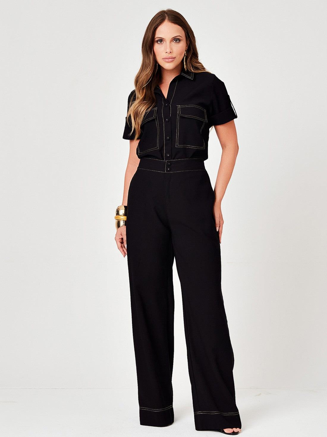 Conjunto Mamorena em Liocel de Camisa e Calça com Pespontos