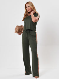 Conjunto Mamorena em Malha New Stardust de Blusa de Manga Curta com Calça Reta em Duas Cores