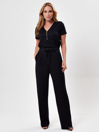 Conjunto Mamorena em Malha New Stardust de Blusa Manga Curta com Zíper no Decote e Calça Reta Com Cós de Elástico