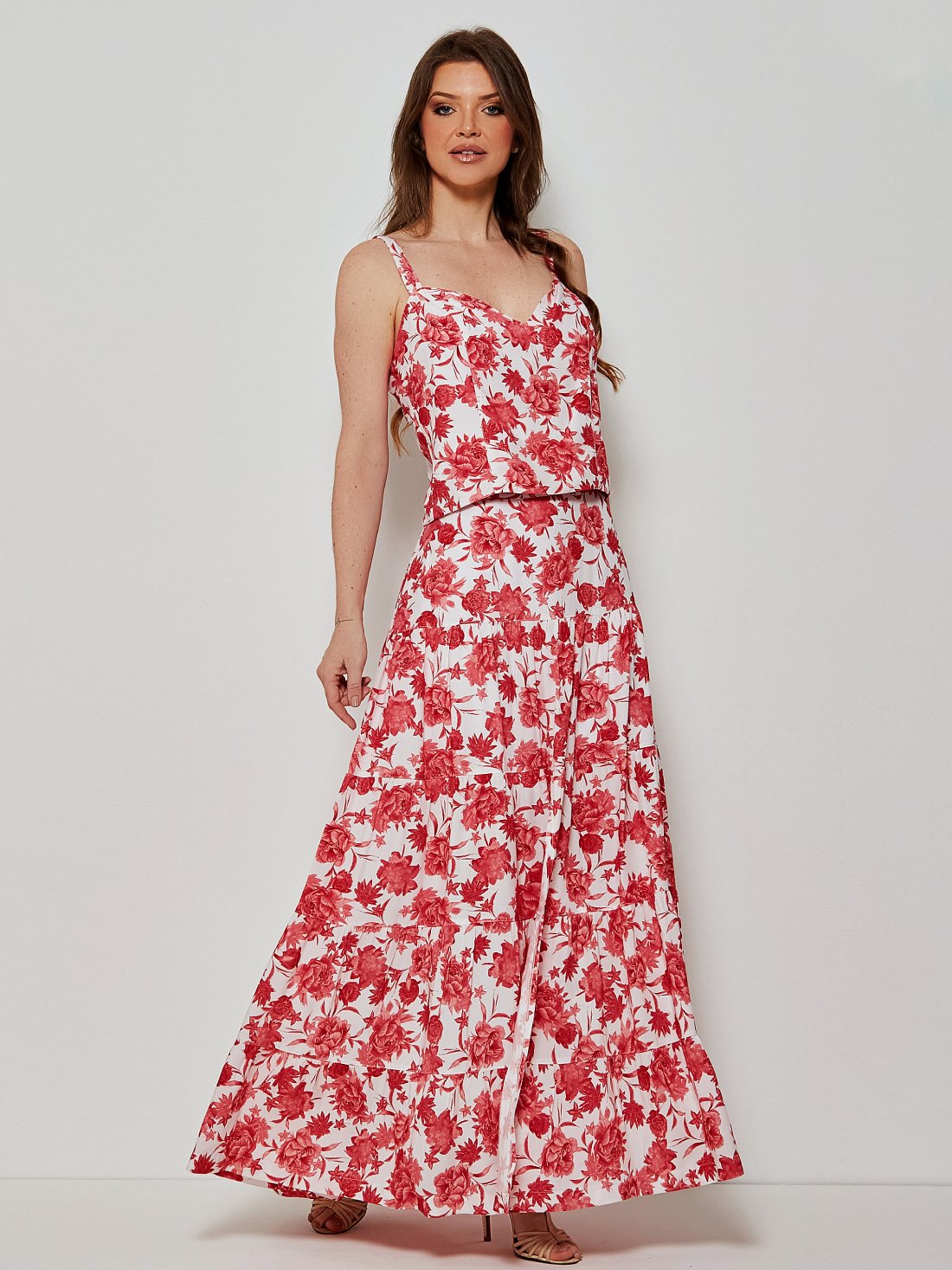 Conjunto Mamorena em Viscose Estampada com Top de Alça e Saia Longa com Fenda Frontal