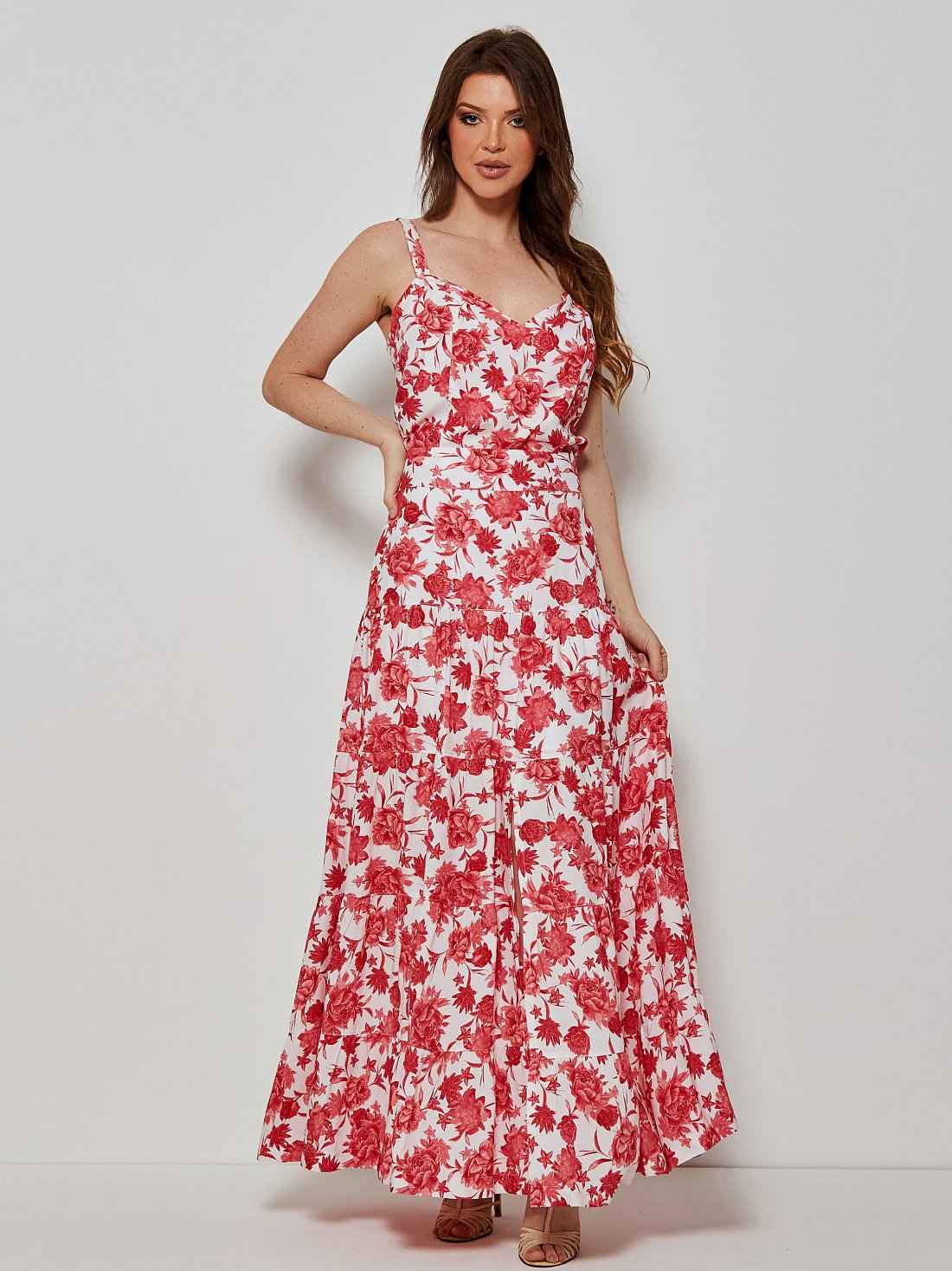 Conjunto Mamorena em Viscose Estampada com Top de Alça e Saia Longa com Fenda Frontal