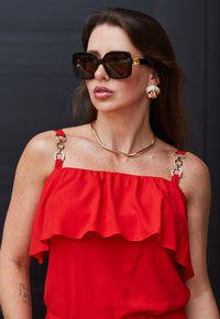 Conjunto Mamorena em Viscolinho de Blusa com Detalhe em Fivela e Saia Longuete 