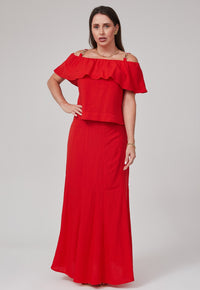 Conjunto Mamorena em Viscolinho de Blusa com Detalhe em Fivela e Saia Longuete 