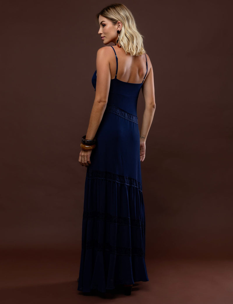 Vestido Longo de Crepe Adriana - Azul