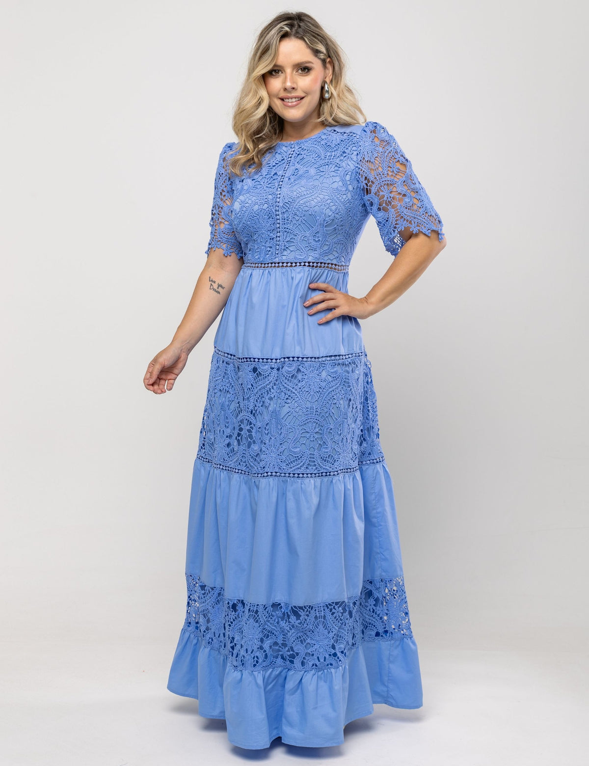 Vestido Longo Renda Noeli Plus - Azul